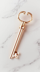 A detailed golden key with a stylish handle rests elegantly on a smooth marble surface