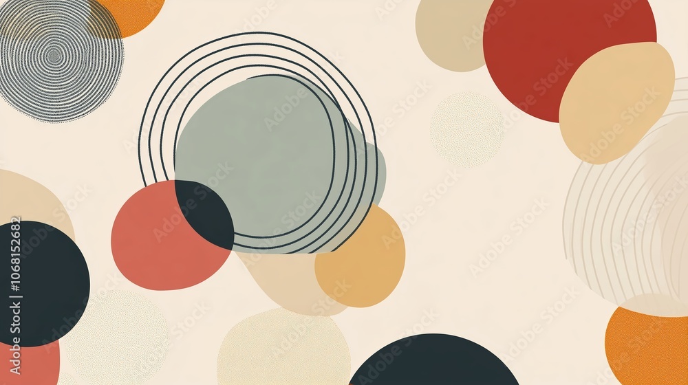 Poster abstract design featuring colorful circles and lines against a soft beige background, creating a har