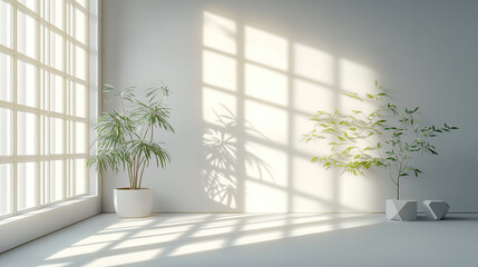 an empty room with plants and a window. The interior design is minimal, with a white color tone