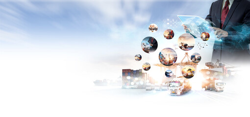 Smart technology logistics concept,  Businessman touching virtual screen world map of Global logistics network distribution, Air cargo trucking, Rail transportation and maritime shipping