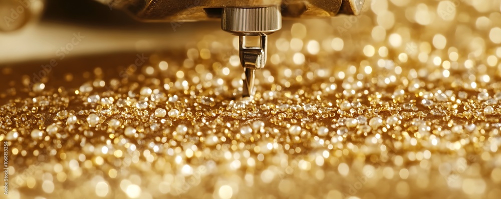 Poster a close-up of a machine working with sparkling golden beads on a surface.