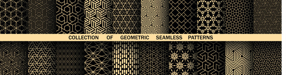 Geometric set of seamless black and golden patterns. Simple vector graphics