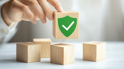 Work safety concept hazards protections health and regulation data security and privacy hand placing wooden cubes with green protect shield symbol on white background workplace safety