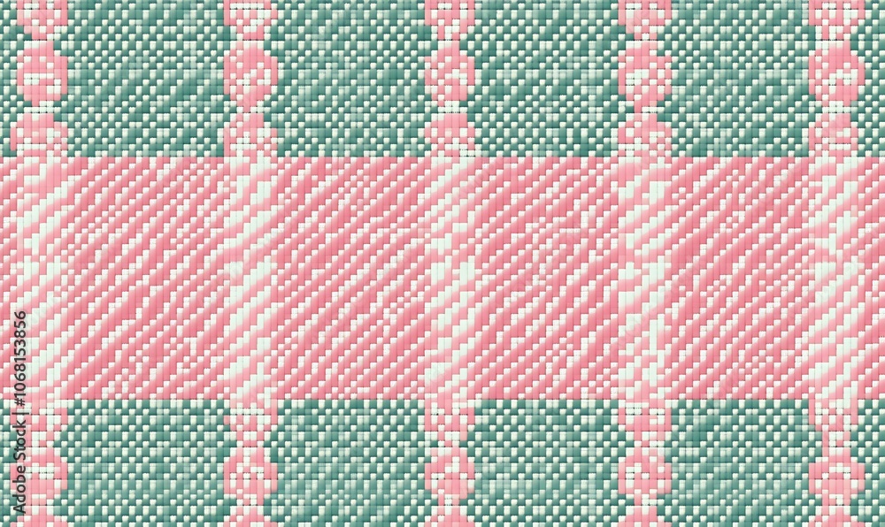 Poster a textured pattern featuring alternating pink and green stripes with circular motifs.