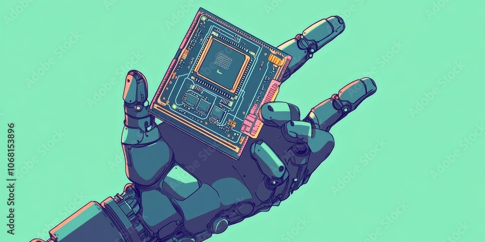 Aufkleber a robot hand holds a computer chip. this image represents technology, machine learning, and artifici