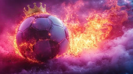Fototapeta premium A flaming soccer ball with a golden crown on a purple background, designed for sports-themed posters, banners, or cards promoting world championships or epic goal celebrations.