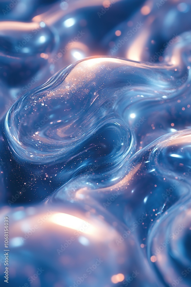 Poster abstract blue swirls with sparkling particles.