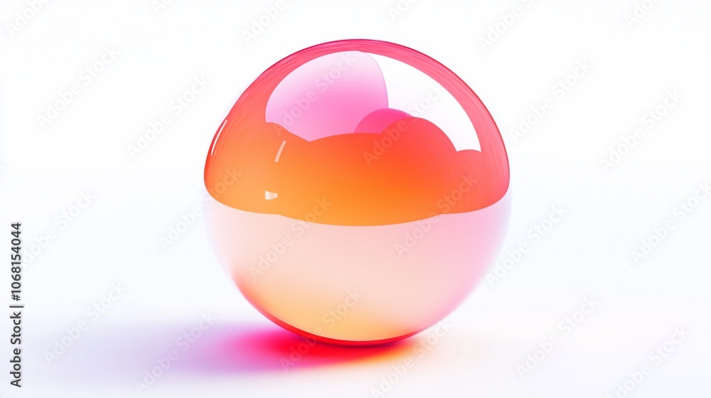 Poster a shiny, pink and orange sphere sits on a white background. the sphere reflects the light, creating 