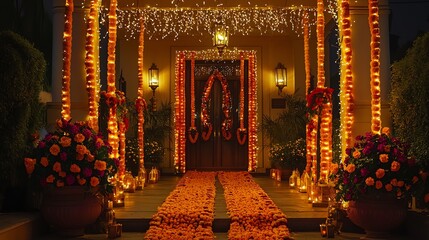 Diwali celebration entrance decorated with marigold flowers and vibrant lights at a home in India during the festival night