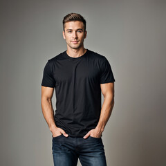 a man standing wearing a black t-shirt and jeans