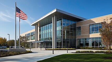 Modern office building with large glass windows and American flag in a sunny outdoor setting