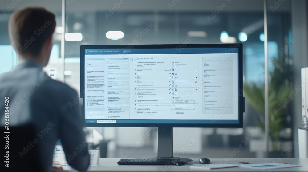 Poster individual working at a desk in a modern office, focused on a computer screen displaying data and re