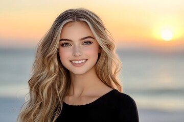 Fototapeta premium Smiling young woman enjoys sunset at beach