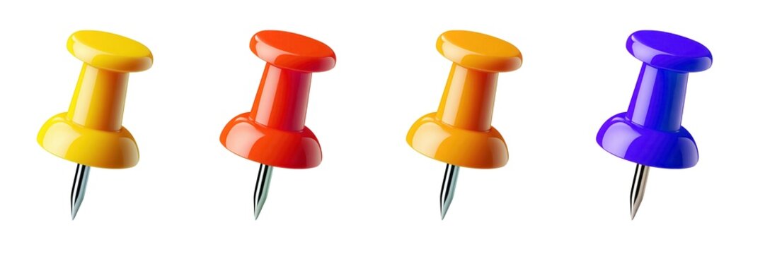Collection of colorful push pin, Thumb tack, drawing pin isolated on transparent background
