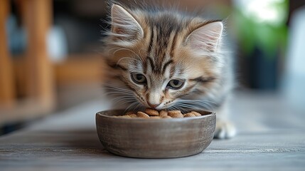 A fluffy kitten eating from a pet food bowl in a modern kitchen setting, highlighting healthy pet nutrition.