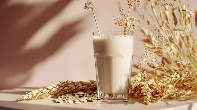 A glass of oat milk sits on a table with wheat stalks and oat kernels scattered around it