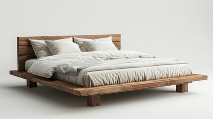 Obraz premium A stylish wooden platform bed featuring soft, inviting pillows and neutral-toned bedding, creating a cozy and elegant appearance for any modern bedroom.