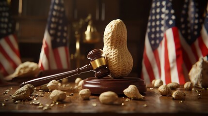 A gavel rests beside a peanut surrounded by scattered peanuts and American flags representing democracy and legal humor