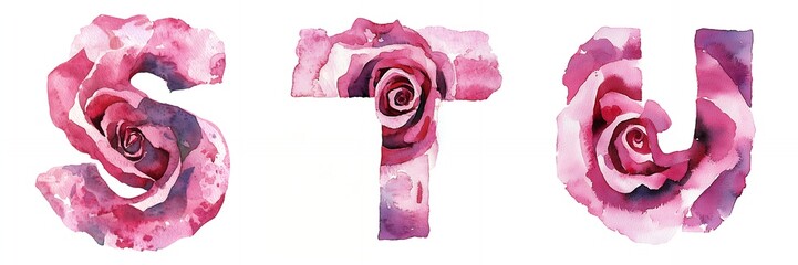 Watercolor rose letters S, T, and U, delicate pink and purple.