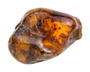 A polished amber stone showcasing its rich, warm colors and natural inclusions.