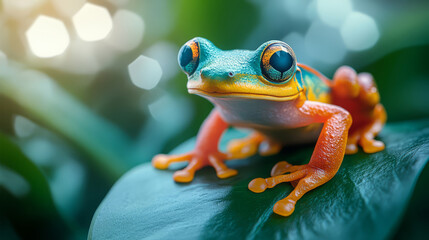 Explore the vibrant world of tropical frogs nestled among lush green leaves in their natural habitat