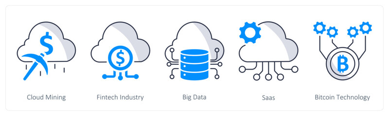 A set of 5 blockchain icons as cloud mining, fintech industry, big data