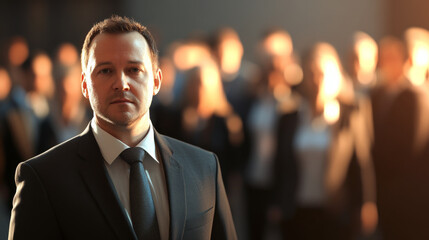 Chubby middle age manager man wearing a suit in front of his team in background with beautiful light giving hope on the future of the company