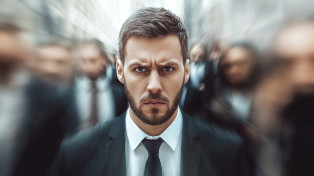 Portrait of a fierce looking young bellwether businessman wearing a formal suit with a tie in middle of a blurry crowd of people in the street