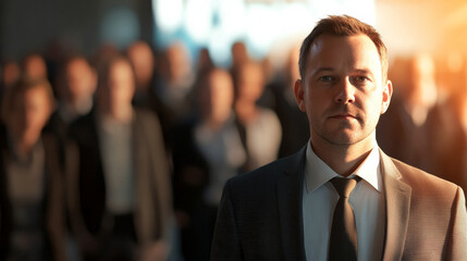 Chubby middle age manager man wearing a suit in front of his team in background with beautiful light giving hope on the future of the company