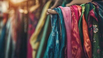 Fototapeta premium A collection of colorful scarves displayed on hangers in a shop.