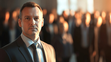 Chubby middle age manager man wearing a suit in front of his team in background with beautiful light giving hope on the future of the company