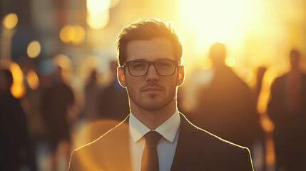 Young optimistic professional man walking to his future at sunset in city street with blurry crowd in background
