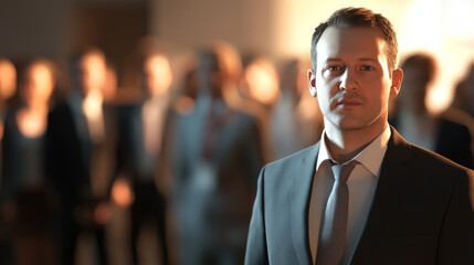 Chubby middle age manager man wearing a suit in front of his team in background with beautiful light giving hope on the future of the company