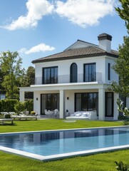 Naklejka premium A beautiful white villa with a large lawn and swimming pool