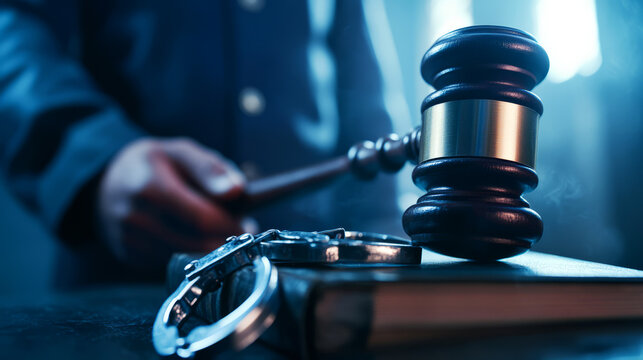 Judge delivers justice with gavel in hand while law enforcement prepares for courtroom proceedings