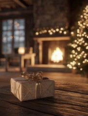 A beautifully wrapped gift sitting on a rustic wooden table in front of a glowing fireplace and a Christmas tree adorned with shimmering lights