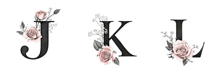 Elegant floral monogram with the letters J, K, and L.  Delicate pink roses and white flowers.