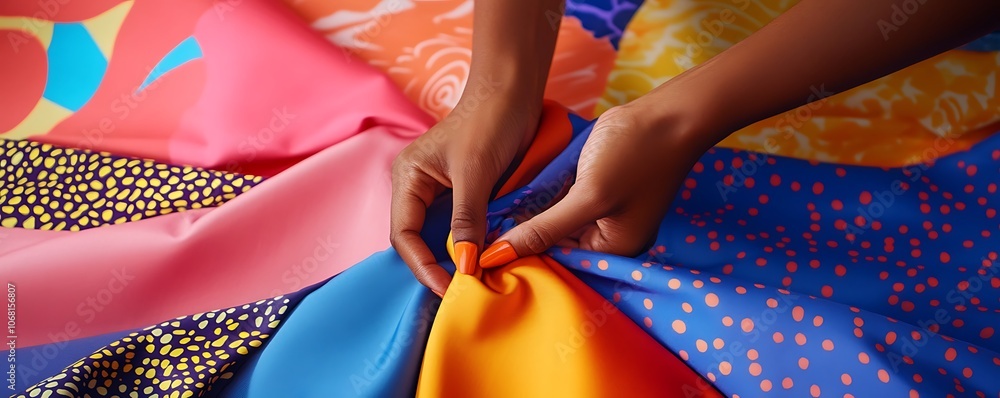 Poster a close-up of hands arranging colorful fabric patterns for a creative project.