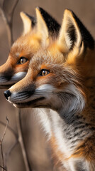 Obraz premium Curious fox parent and kit walking side by side, autumn forest scene,vibrant colors,wildlife photography,family bond,natural habitat,stunning fur detail,captivating animal portrait,baby,mother's day