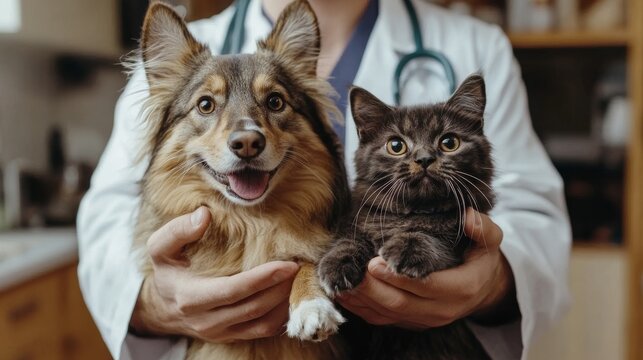 Vet with dog and cat in his hands
