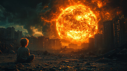 Obraz premium A child witnesses the devastating aftermath of an apocalyptic storm, symbolizing the catastrophic impact of unchecked global warming in a bleak, dystopian future