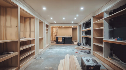 Renovation of closet space with shelves and lighting in progress