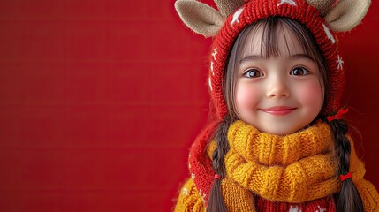 A girl in a festive deer costume with antlers on a red background symbolizes Christmas celebrations, perfect for holiday greeting cards and banners.