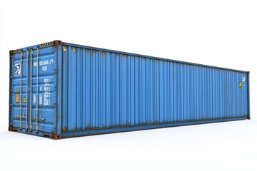 A blue shipping container with a weathered appearance, commonly used for transporting goods.