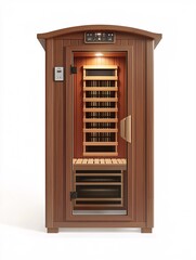 Obraz premium A sleek wooden infrared sauna with customizable settings showcased against a pristine white backdrop, emphasizing its modern design for an exceptional wellness journey.