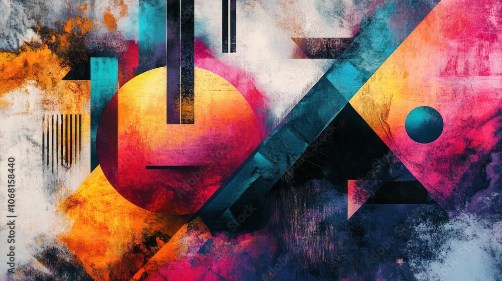 Poster abstract geometric pattern with vibrant colors and textured background.