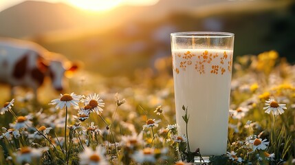 A glass of fresh milk with a cow in a sunny meadow, designed for banners, posters, or greeting cards promoting organic dairy products, rustic farming, or healthy food concepts with copy space.
