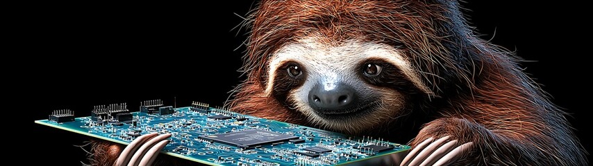 Naklejka premium A curious sloth embraces technology with a circuit board exploring the intersection of nature and innovation