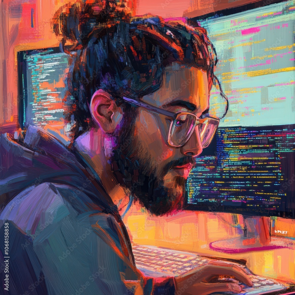 Poster a series of close-up portraits of tech developers writing code, with screens and keyboards in the ba