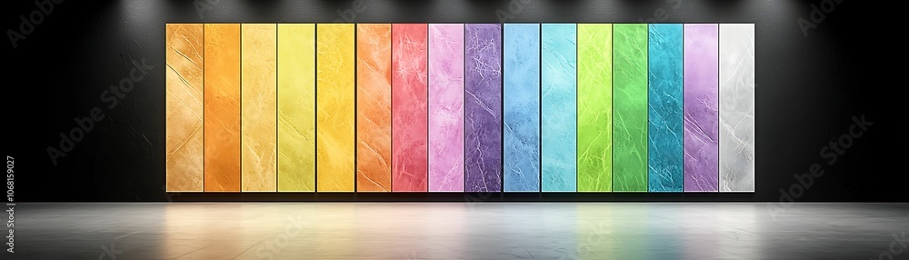 Poster vibrant modern art installation features a colorful array of textured panels in a contemporary galle